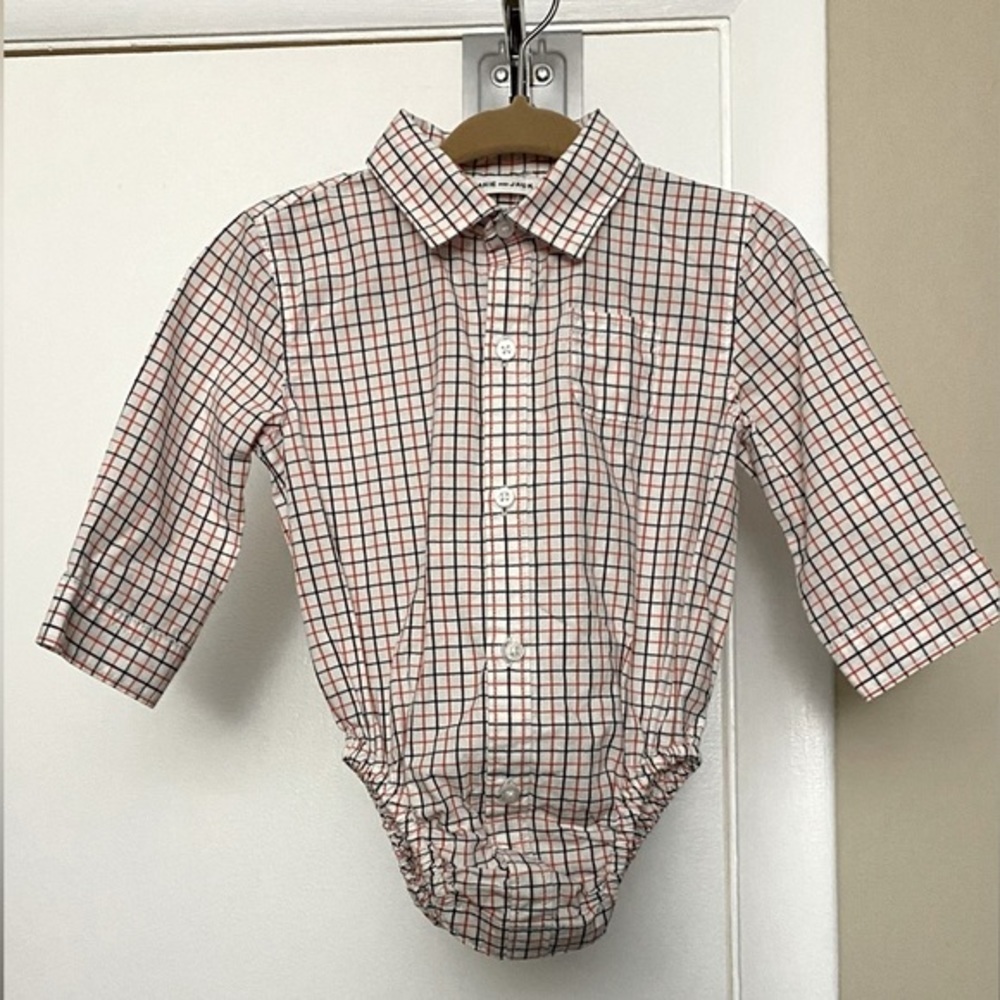 Janie And Jack Plaid Poplin Collared Button Down Long Sleeve Bodysuit Size 6-12m